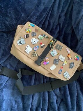 Canvas Crossbody Messenger Bag in Tan with Decorative Pins
